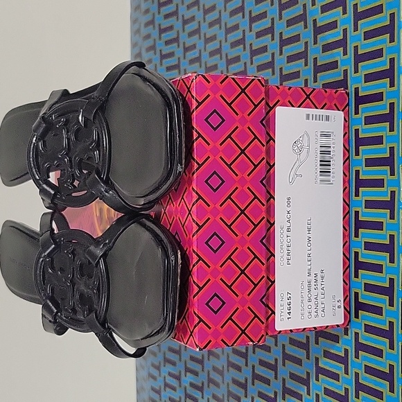 Tory Burch Geo Bombe Miller Leather Black Gold Heeled Sandals- Size 8.5 - Picture 10 of 15